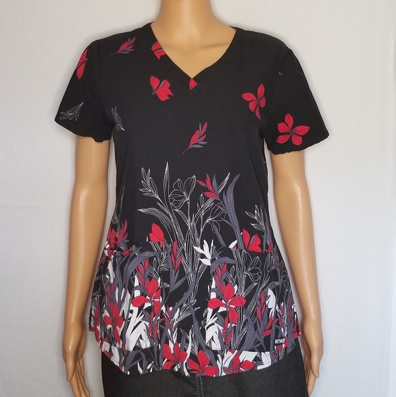 Grey's Anatomy Tops - Grey's Anatomy Black Scrub Top W/ Red/White Floral